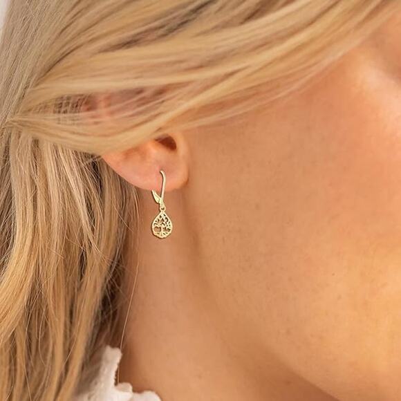 Gold Teardrop Leverback Dangle Tree of Life Earrings for Women - Picture 2 of 4